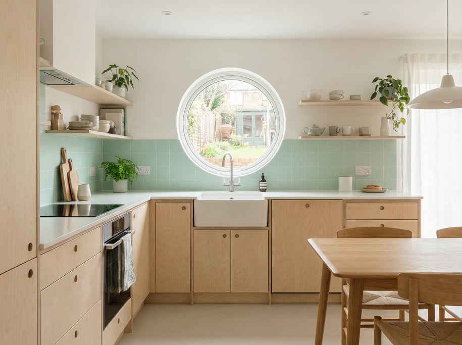 Scandinavian kitchen with pale birch plywood cabinets, white quartz countertops