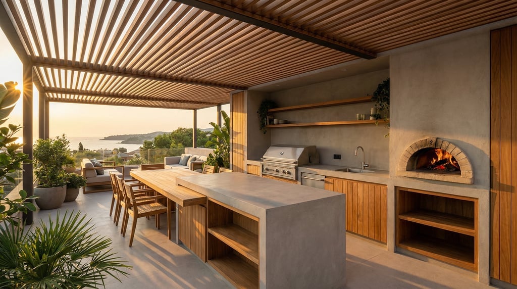 Modern outdoor kitchen on a covered terrace with a built-in concrete barbecue counter