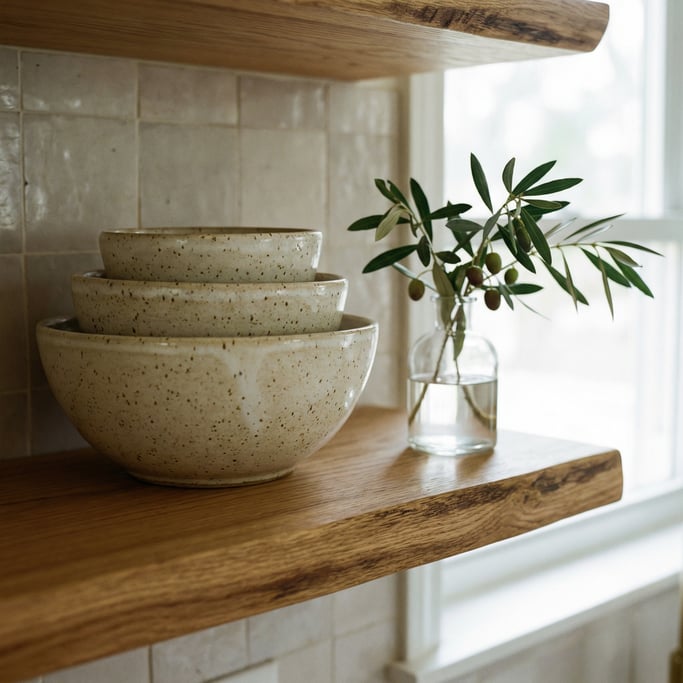 Kitchen shelf detail with three stoneware bowls in graduated sizes in speckled cream glaze
