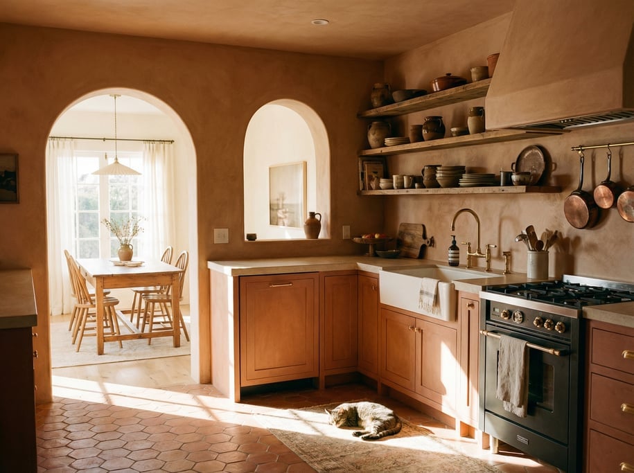 Warm terracotta kitchen with hand-troweled plaster walls, arched pass-through to dining room