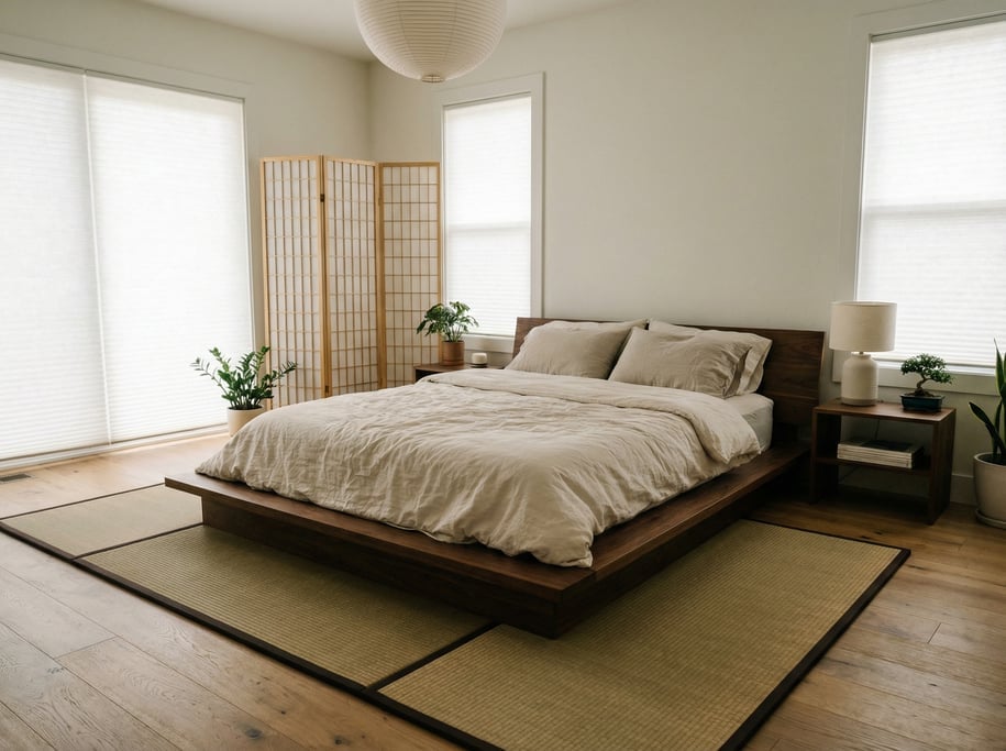 Japandi bedroom with a low dark walnut platform bed, woven tatami mat area rug