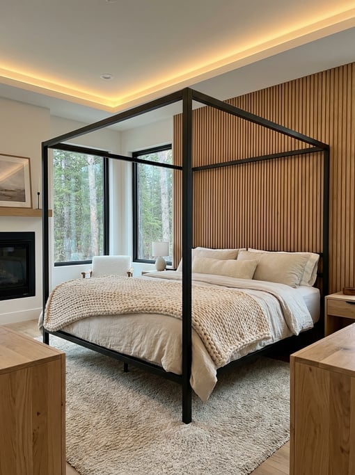 Cozy modern bedroom with a canopy bed frame in matte black steel, chunky knit cream throw blanket