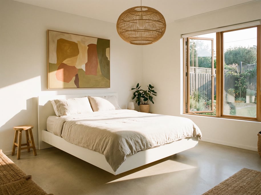 Minimalist guest bedroom with a white floating bed frame