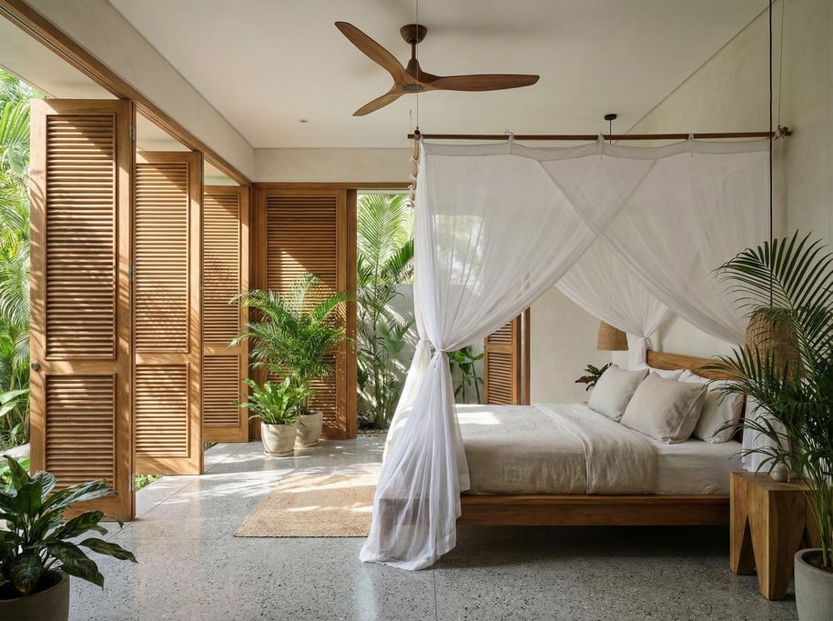 Tropical modern bedroom with louvered teak shutters, a low teak bed with white mosquito net canopy