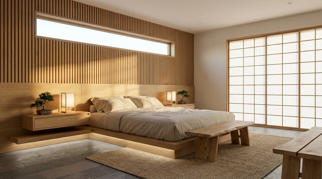 Zen master bedroom with floating nightstands, a horizontal slatted wood headboard wall