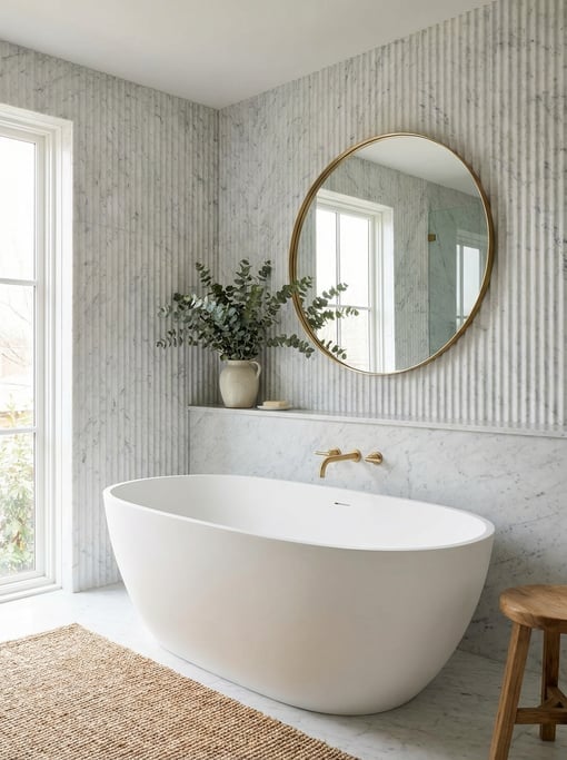 Spa-like bathroom with a freestanding oval soaking tub in matte white