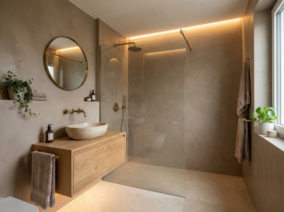 Modern bathroom with micro-cement walls in warm taupe, a floating natural oak vanity