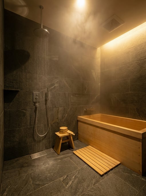 Japanese-inspired wet room with dark grey stone tile floor, a deep hinoki wood soaking tub