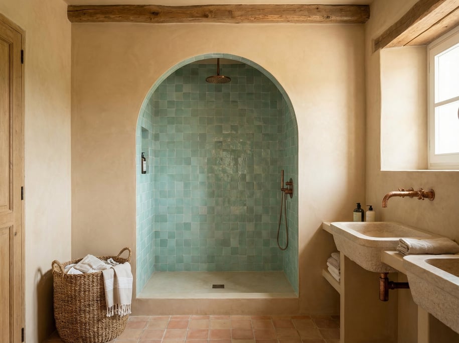 Mediterranean bathroom with handmade zellige tiles in seafoam green, an arched alcove shower