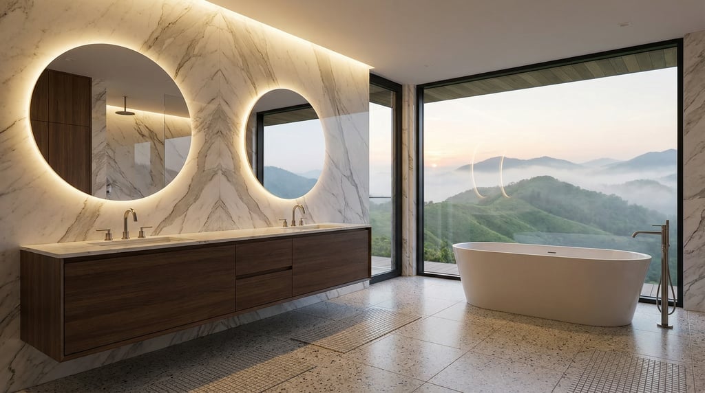 Luxurious double vanity bathroom with book-matched marble slab walls, backlit mirrors