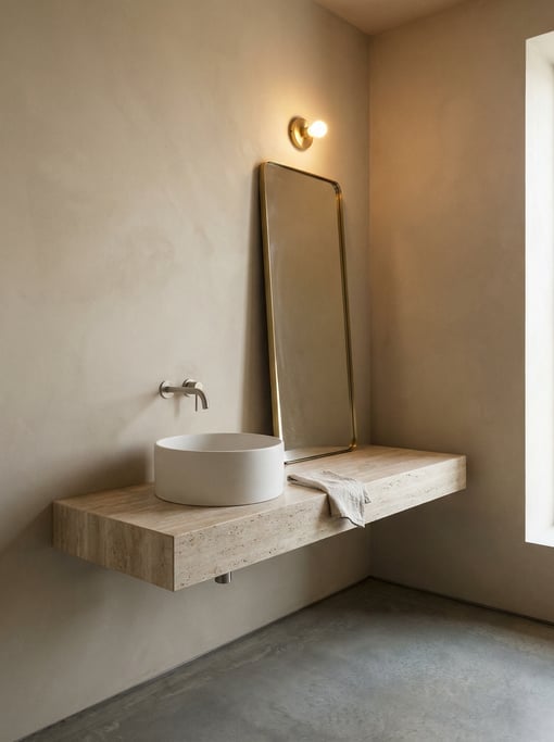 Minimalist powder room with a small round vessel sink on a floating stone shelf