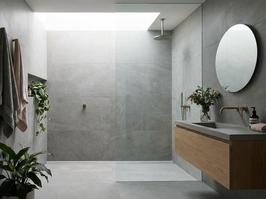 Modern bathroom with a curbless walk-in shower with linear drain