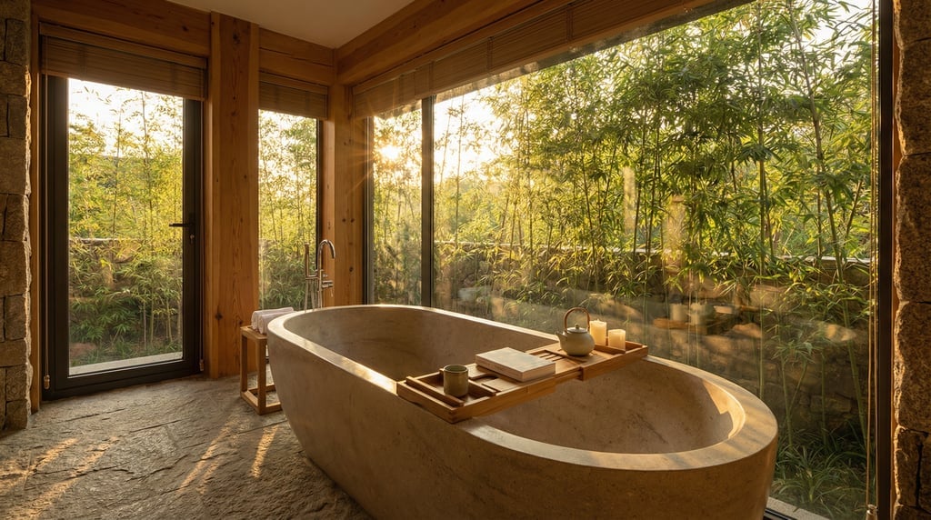 Spa bathroom with a long soaking tub set against a full-width window overlooking a bamboo garden