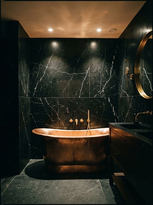 Dark dramatic bathroom with floor-to-ceiling black marble walls with white veining