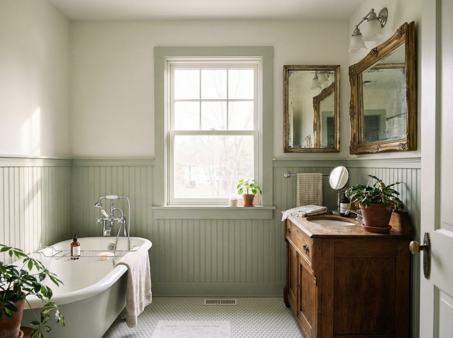 Cottage bathroom with beadboard wainscoting in pale sage, a clawfoot tub with chrome fixtures