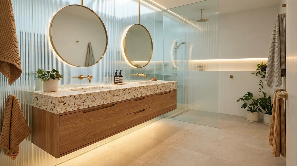 Contemporary bathroom with a double floating vanity in warm oak, twin round mirrors