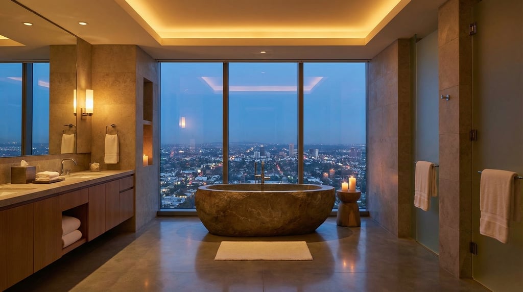 Hotel-style master bathroom with a freestanding stone bathtub centered before a floor-to-ceiling win
