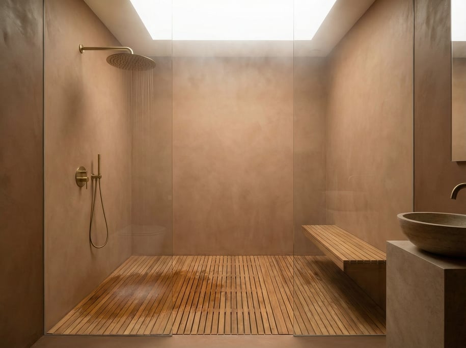 Modern wet room with teak slatted floor, micro-cement walls in warm clay