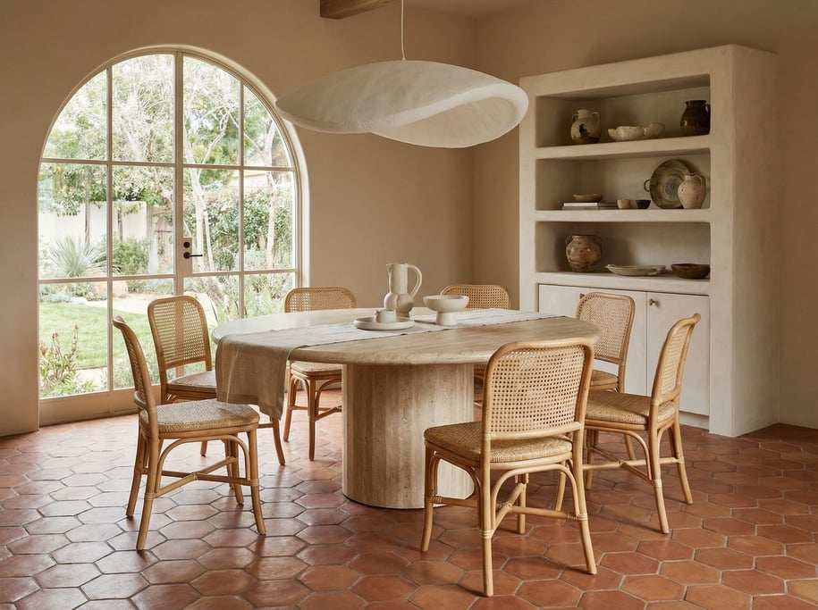 Elegant dining room with a round travertine pedestal table