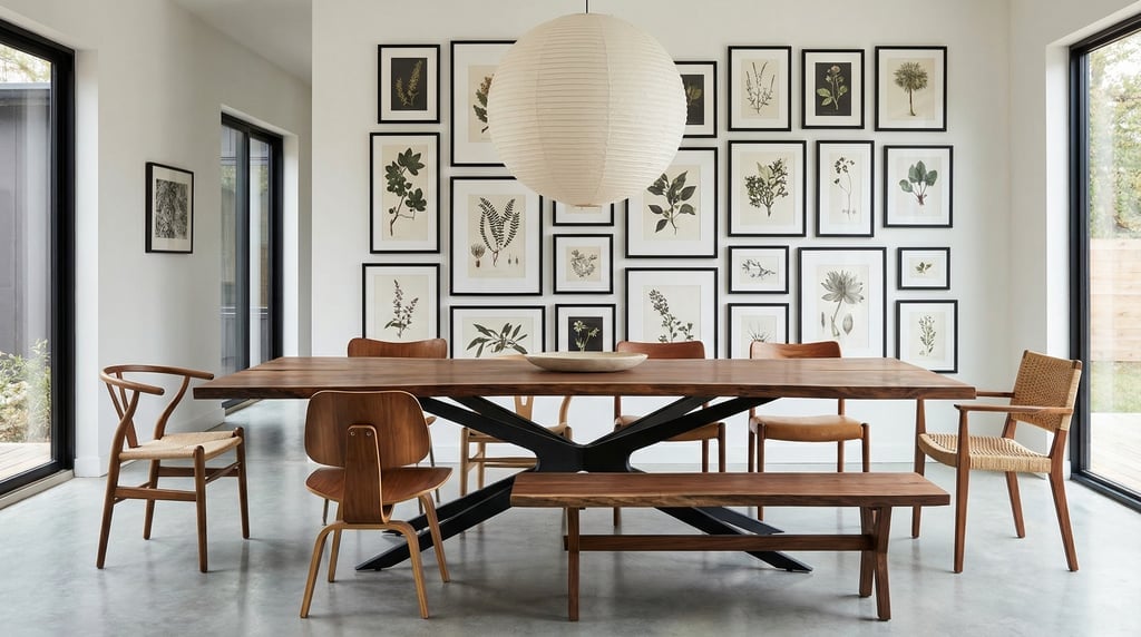 Modern dining space with a long live-edge walnut slab table, black steel base