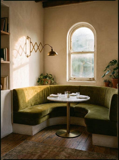 Intimate dining nook with a built-in curved banquette in olive green velvet