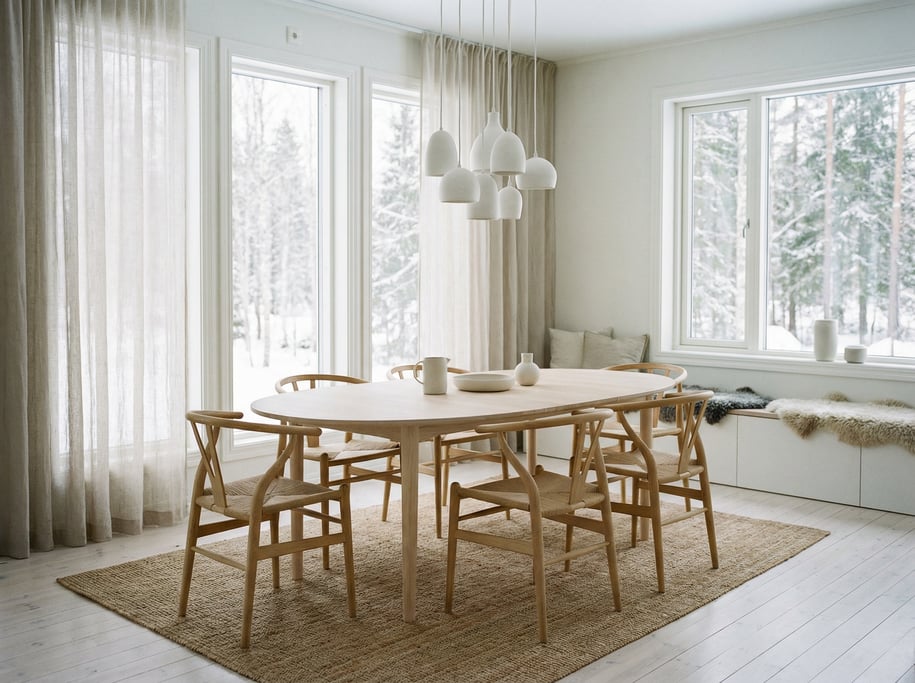 Scandinavian dining room with a pale birch oval table, wishbone chairs in natural paper cord