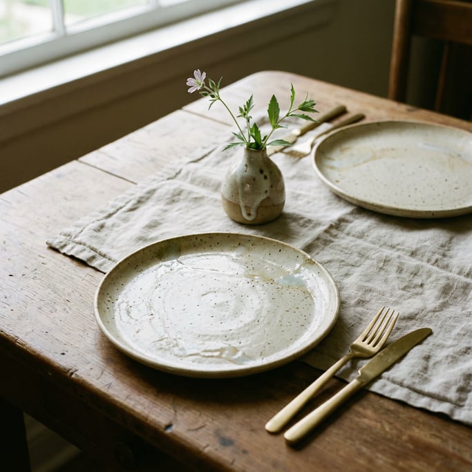 Close-up of a dining table setting with handmade stoneware plates in speckled cream, linen napkin