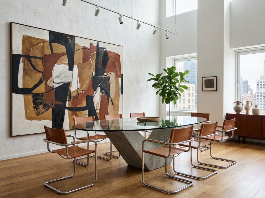 Contemporary dining room with a glass-topped dining table on a sculptural concrete base