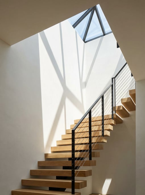 Grand staircase with floating oak treads anchored to a white plaster wall