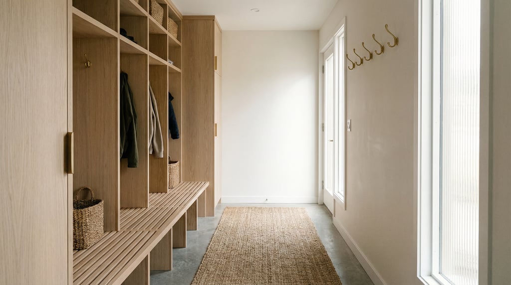 Minimalist mudroom entryway with built-in pale oak cubbies, a slatted wood bench