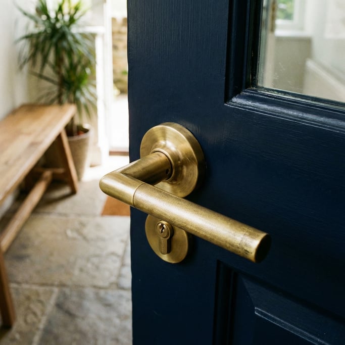 Close-up of a modern front door handle in brushed brass on a dark navy painted door