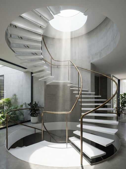 Spiral staircase in a modern home with white painted steel treads, a curved brass handrail