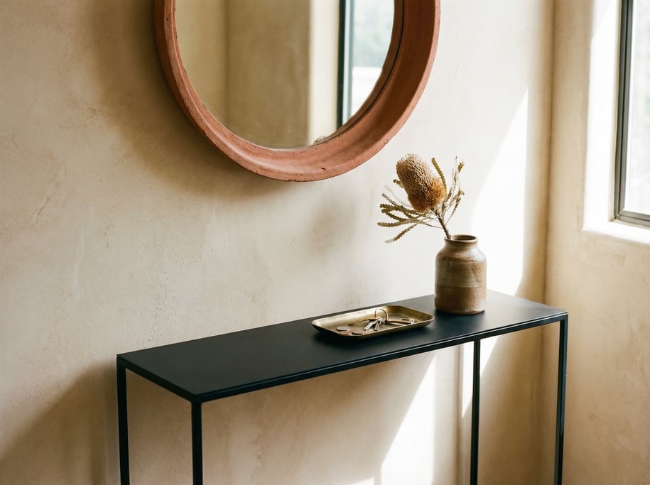 Entryway console moment with a slim black metal table, a round clay mirror above, a brass key tray