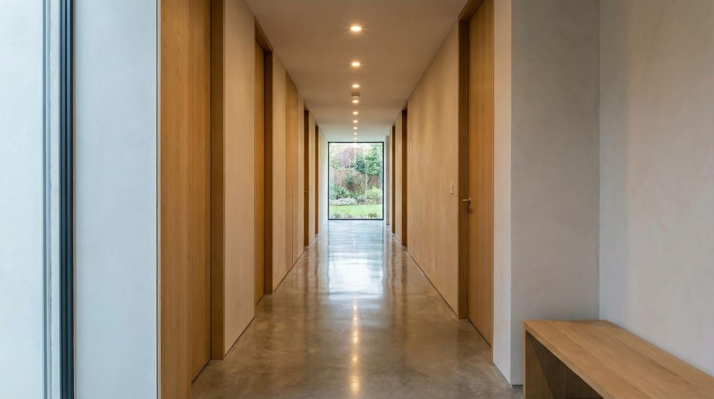Long corridor in a modern home with polished concrete floors, a row of flush oak doors