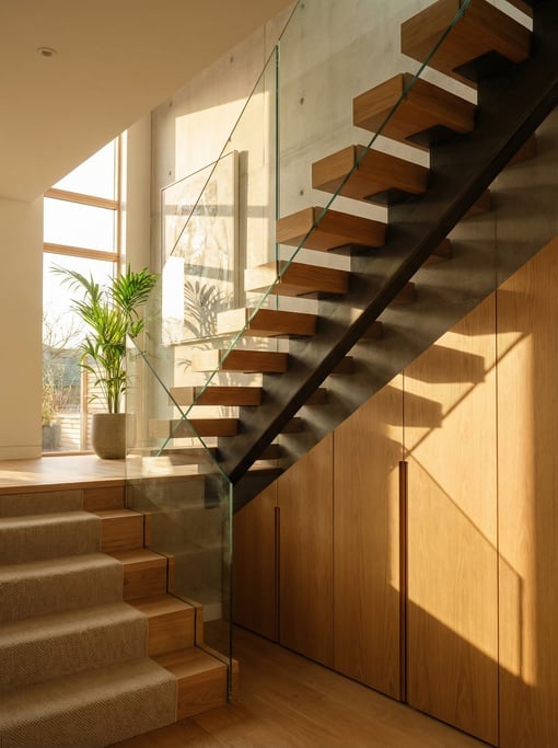 Modern staircase with thick oak treads and a frameless glass balustrade