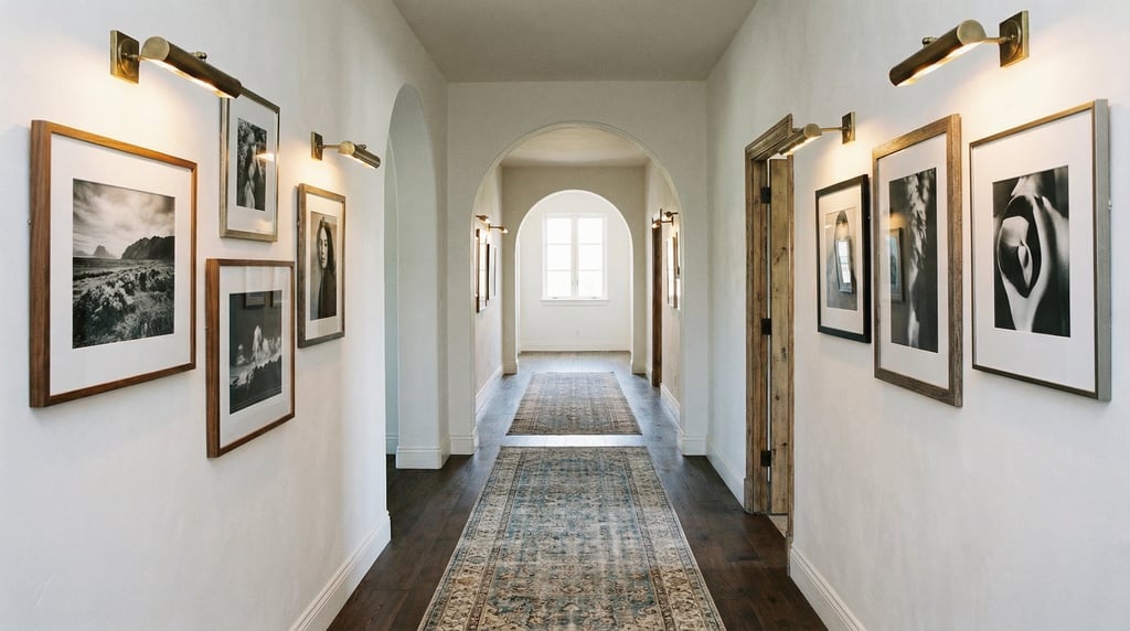 Gallery hallway with a series of framed black-and-white photographs on a white wall