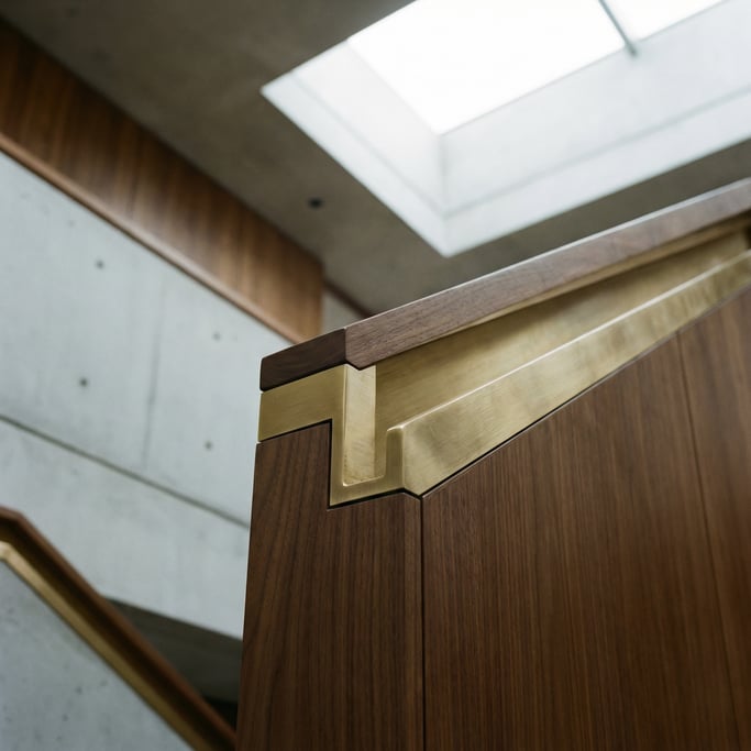 Close-up of a staircase handrail detail showing the joint where brushed brass meets dark walnut wood