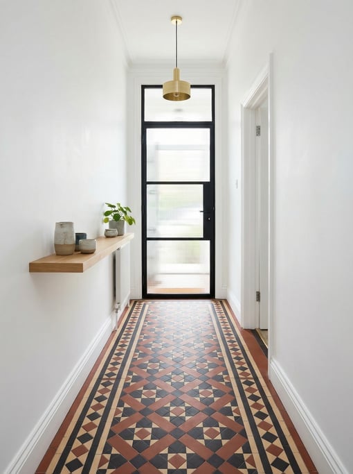 Narrow Victorian hallway updated with modern elements: original encaustic tile floor