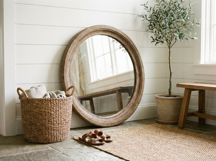 Bright entryway with a large round mirror leaning against a white wall, a woven storage basket