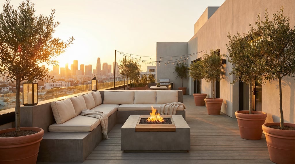 Modern rooftop terrace with a built-in concrete bench with cream outdoor cushions