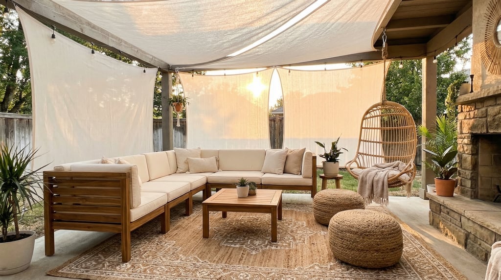 Covered outdoor living room with a deep teak sectional sofa, outdoor rug, woven poufs