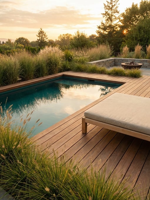 Modern plunge pool set into a wooden deck terrace, the water a deep teal reflecting the sky