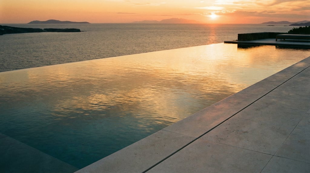 Infinity pool edge merging with an ocean view at sunset