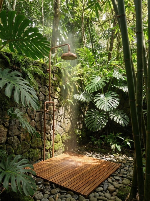Lush tropical outdoor shower surrounded by large monstera leaves and bamboo, copper shower head