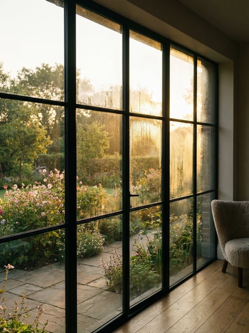Vertical shot of a floor-to-ceiling window with slim black steel mullions