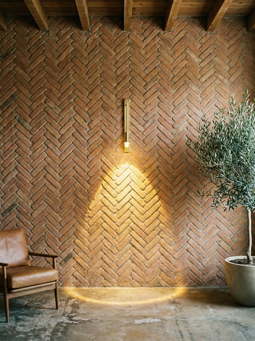 Full-height shot of a herringbone brick accent wall in warm terracotta