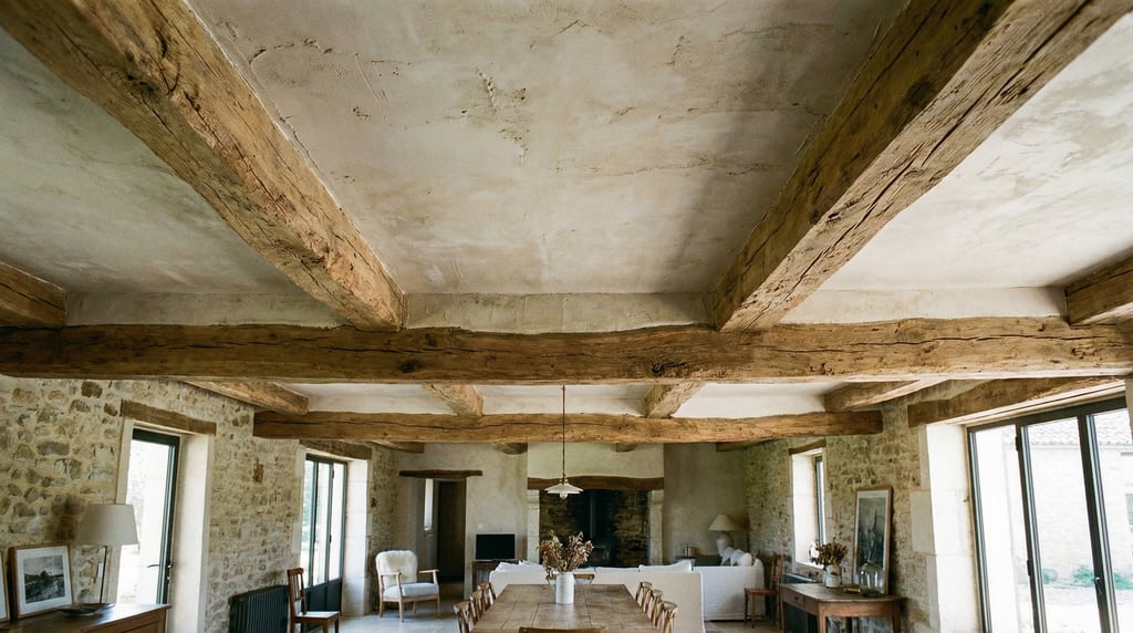 Wide shot of a raw plaster ceiling with exposed timber beams in a renovated farmhouse