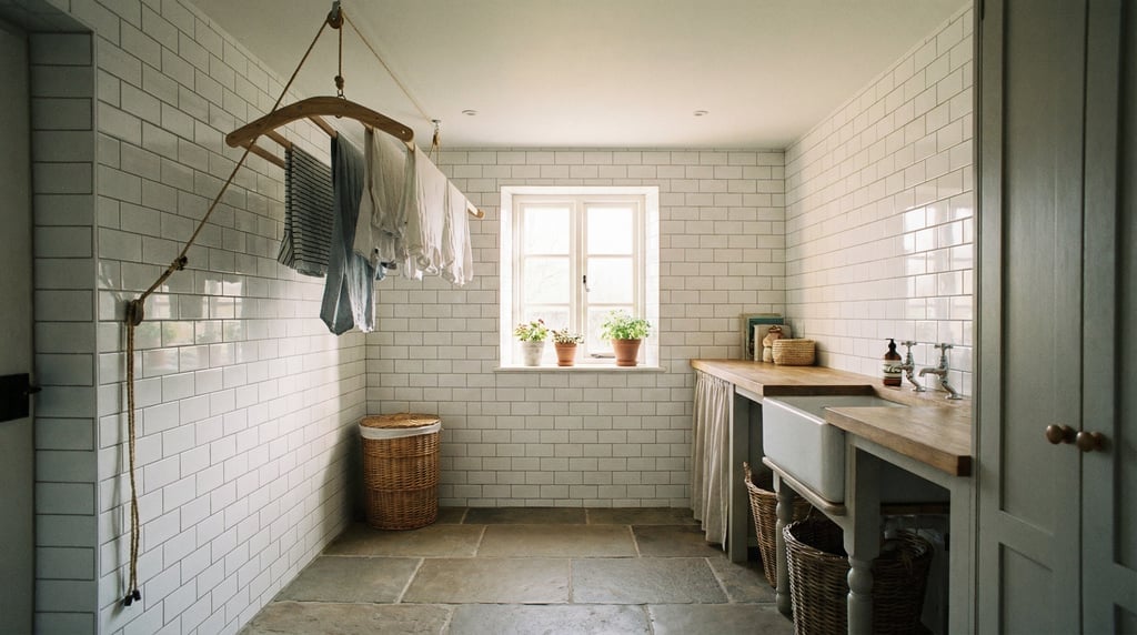 Clean utility room with white subway tile walls