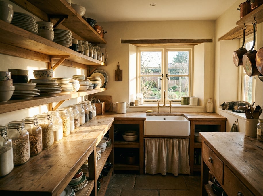 Bright scullery with open timber shelving, stacked ceramic dishes, glass storage jars