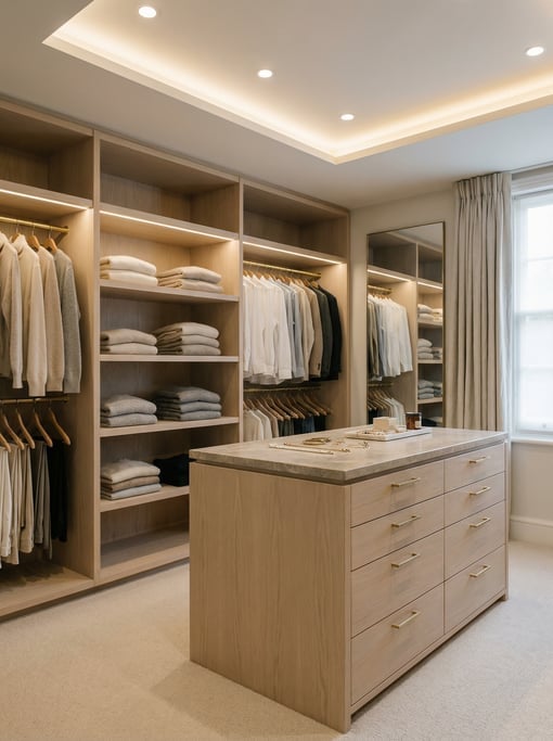 Modern walk-in closet with open pale oak shelving, neatly folded neutral-toned clothing